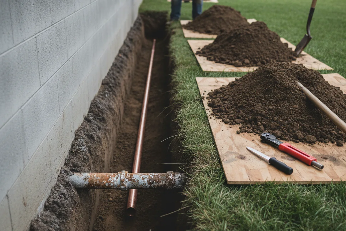 Excavated water line trench during Water Softener Installation in South Bend
